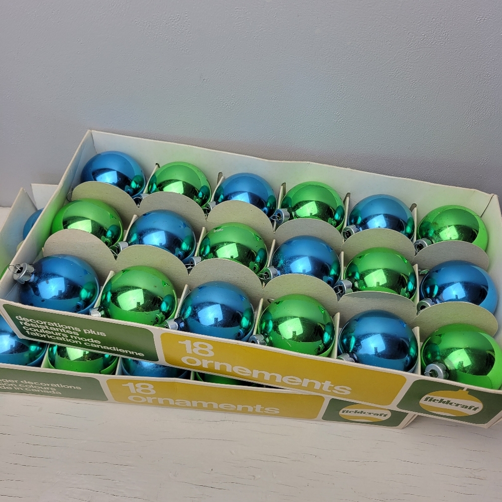 Vintage Fieldcraft Canadian Glass Christmas Ornaments - Set of 30 Blue & Green